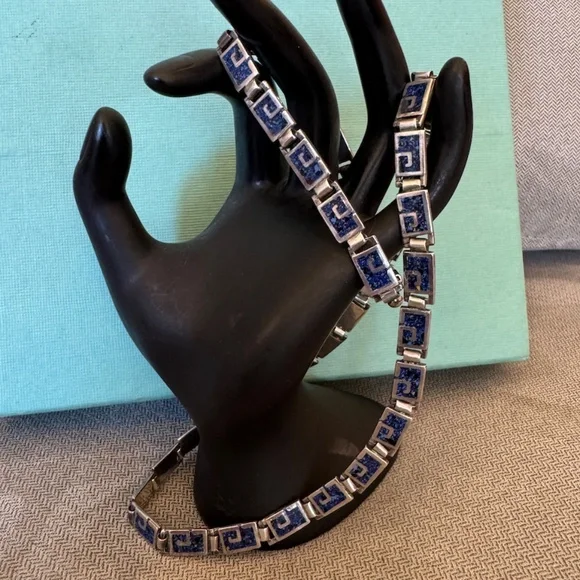 Margot de Taxco Mosaic Blue Enamel Sterling Silver Necklace and Bracelet Set